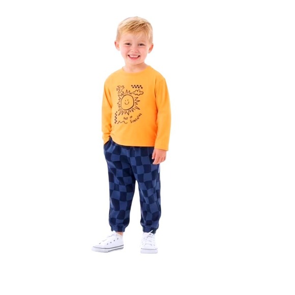 Member's Mark Other - Member Mark Boys Orange Long Sleeve Tee & Blue Checkered Jogger Set Sz 12Months